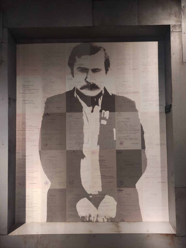 Photo of union leader and Nobel Prize winner, Lech Walesa, made up of other documents, artfully arranged