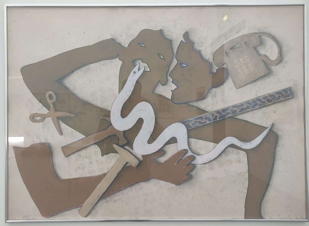 Modern art, two women, beer, a snake, scissors.