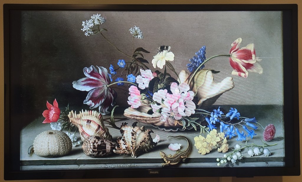 A screen shows a still life painting, with a shell containing flowers, more shells and a lizard in the foreground. Insects alight on the flowers, and have been carefully animated so as to bring motion to a still life.